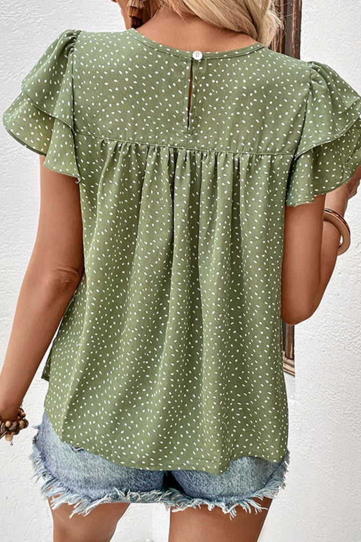 Perfee Printed Round Neck Puff Sleeve Blouse | Trendsi