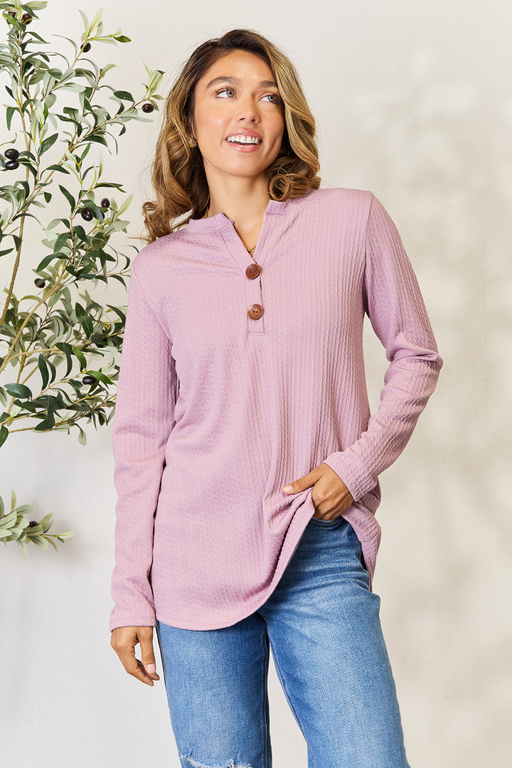 Celeste Full Size Texture Half Button Long Sleeve Blouse | Trendsi