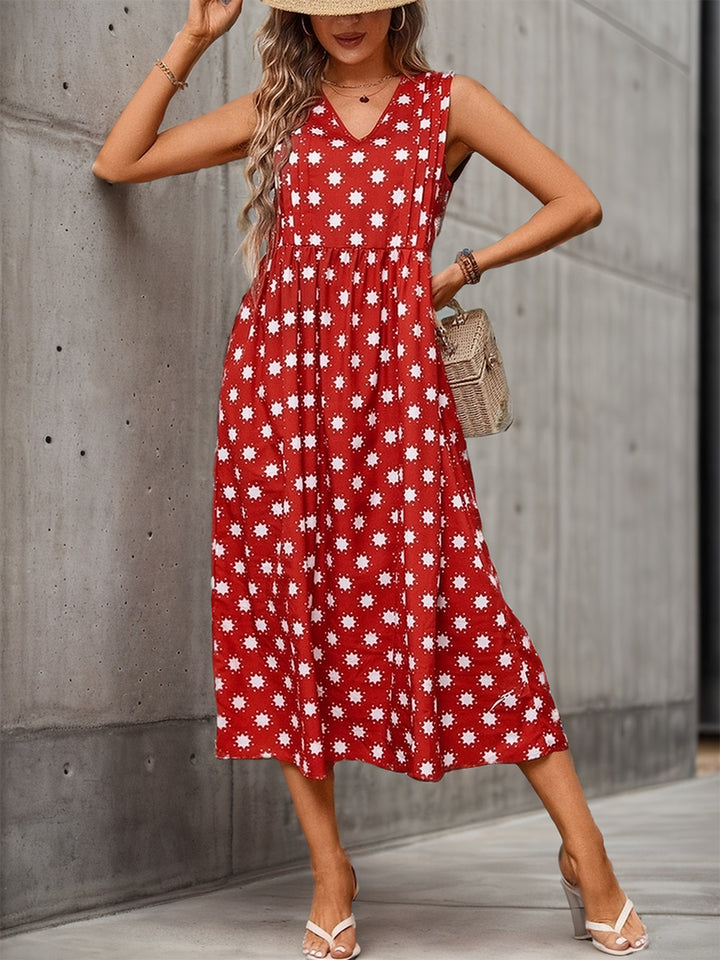 Printed V-Neck Sleeveless Midi Dress | Trendsi