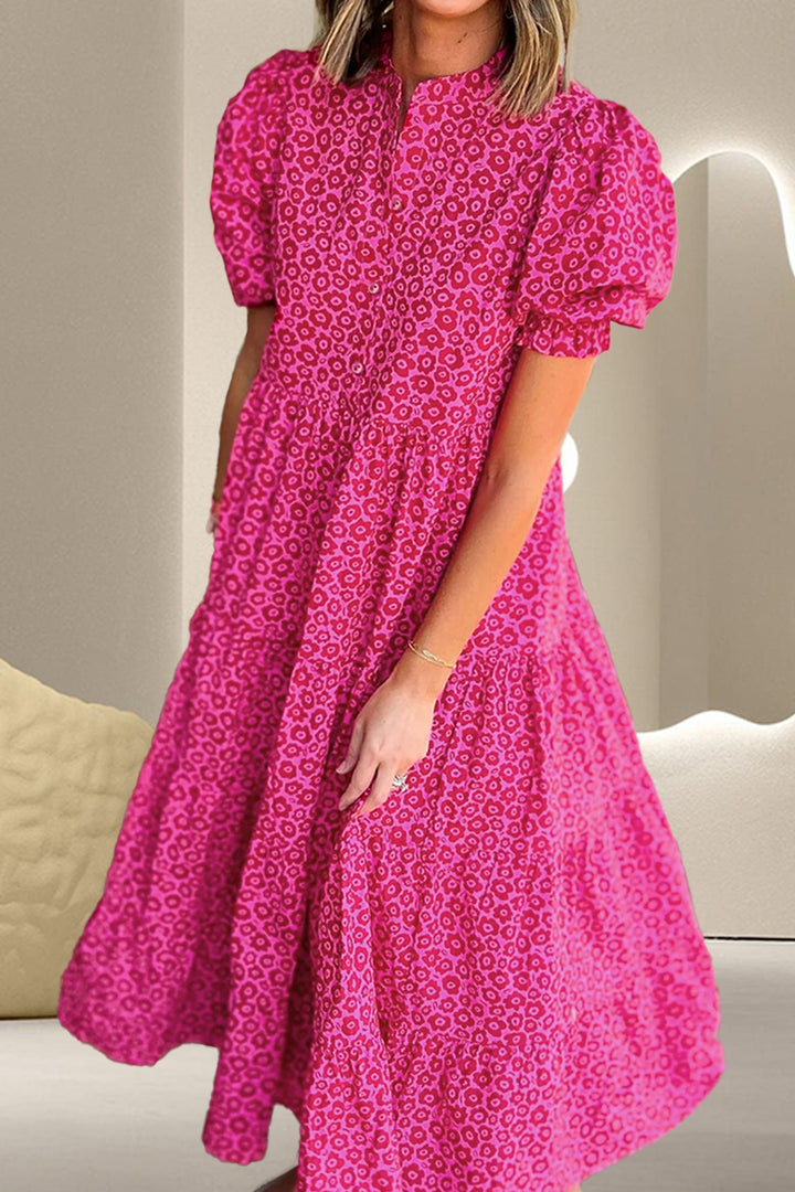 Printed Notched Puff Sleeve Midi Dress | Trendsi