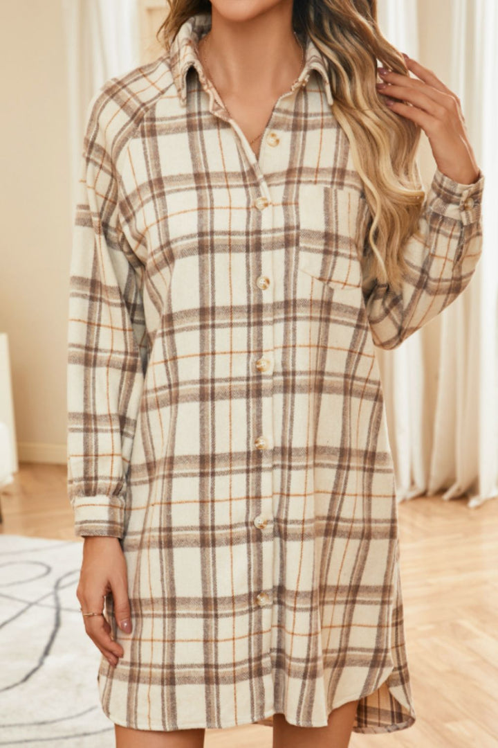 Plaid Collared Neck Long Sleeve Mini Shirt Dress | Trendsi