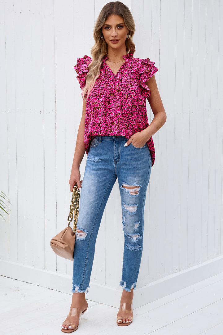 Floral Flutter Sleeve Notched Neck Blouse | Trendsi