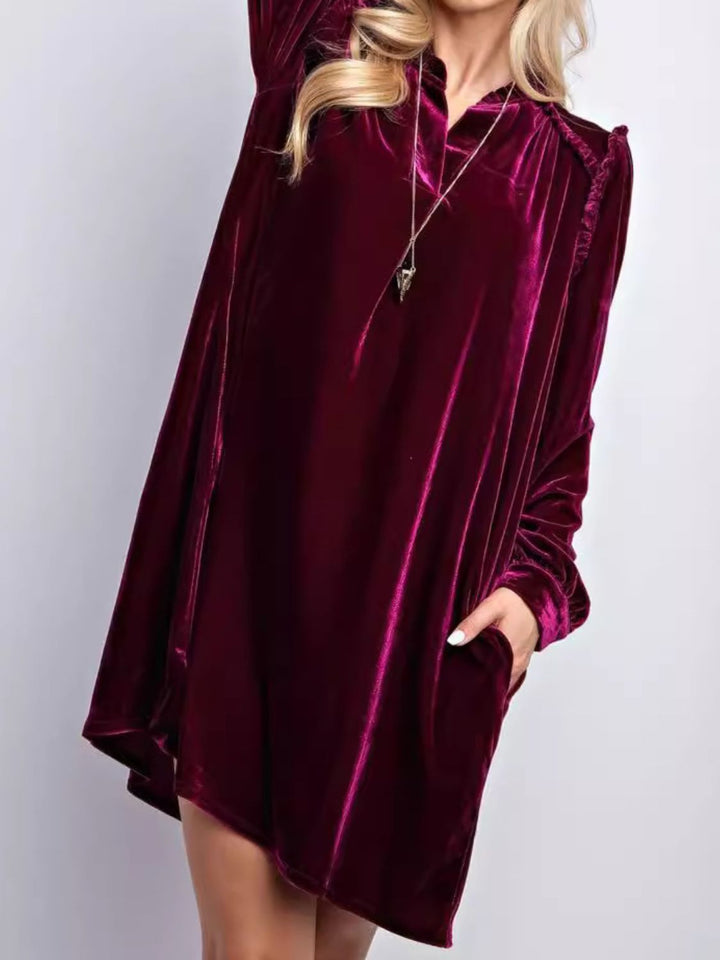 Frill Notched Long Sleeve Dress with Pockets | Trendsi