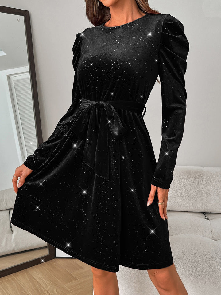 Glitter Round Neck Puff Sleeve Dress | Trendsi