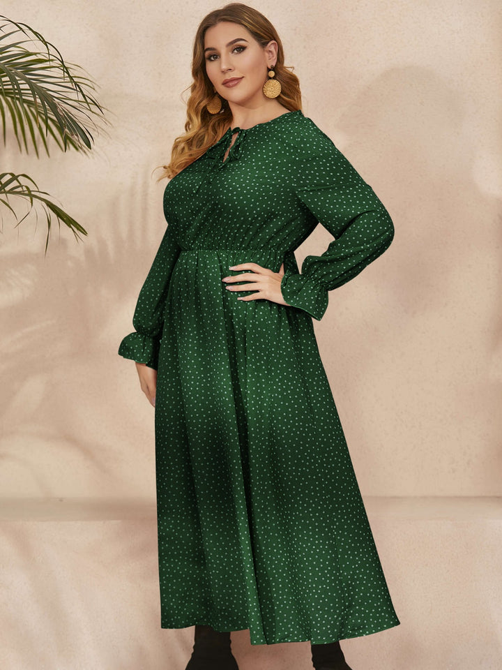 Plus Size Ruffled Polka Dot Long Sleeve Midi Dress | Trendsi