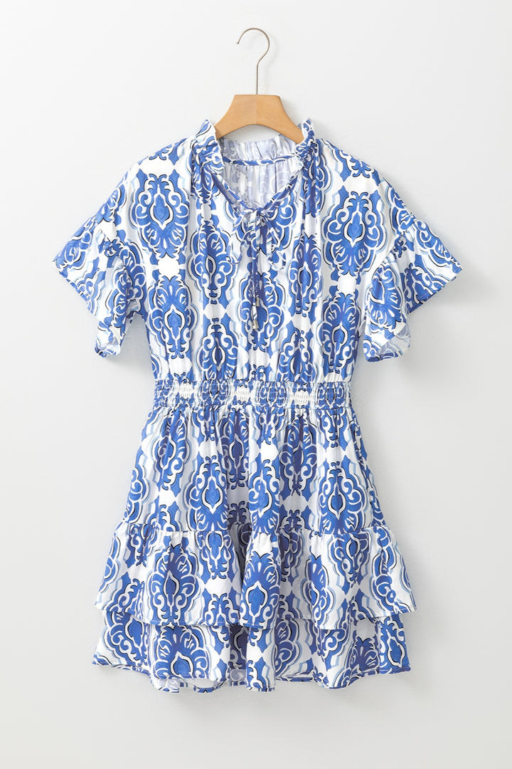 Printed Tie Neck Short Sleeve Mini Dress | Trendsi