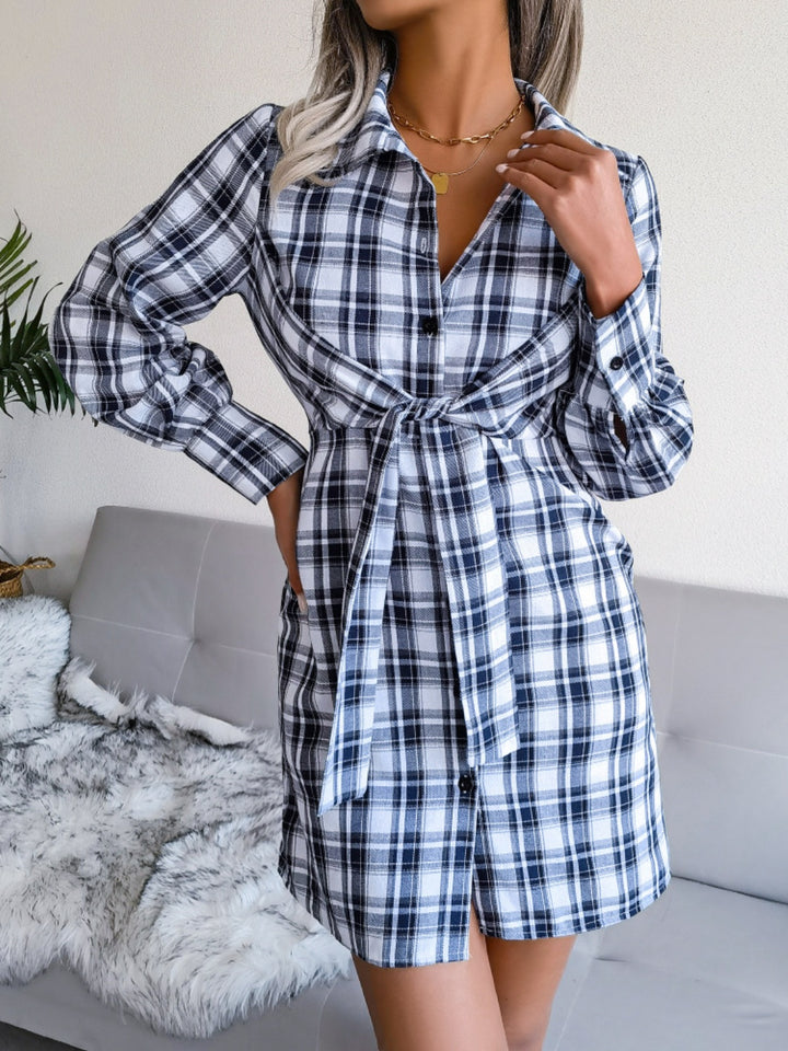 Tied Plaid Long Sleeve Mini Shirt Dress | Trendsi