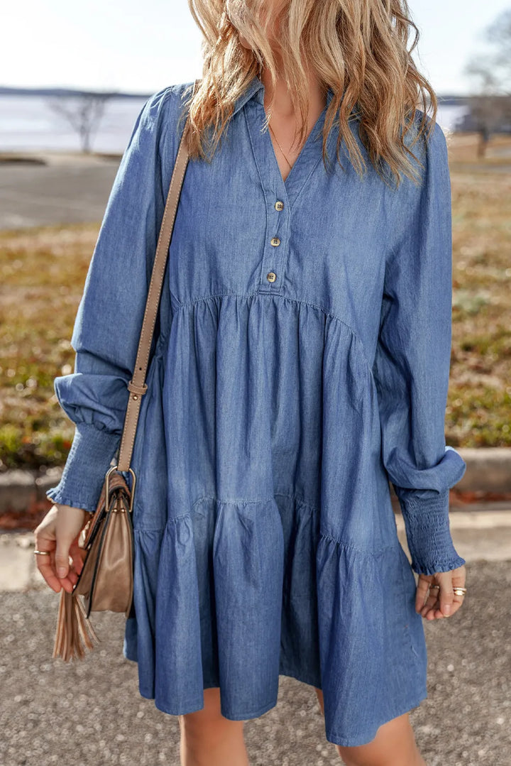 Tiered Johnny Collar Long Sleeve Denim Dress | Trendsi