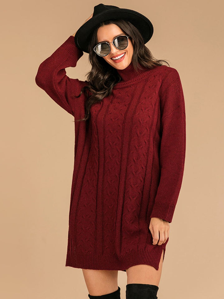 Perfee Slit Turtleneck Long Sleeve Mini Sweater Dress | Trendsi