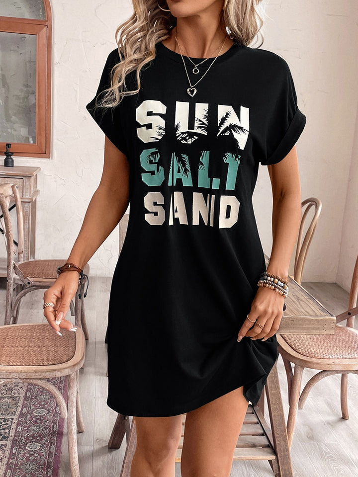 Letter Graphic Round Neck Short Sleeve Mini Tee Dress | Trendsi