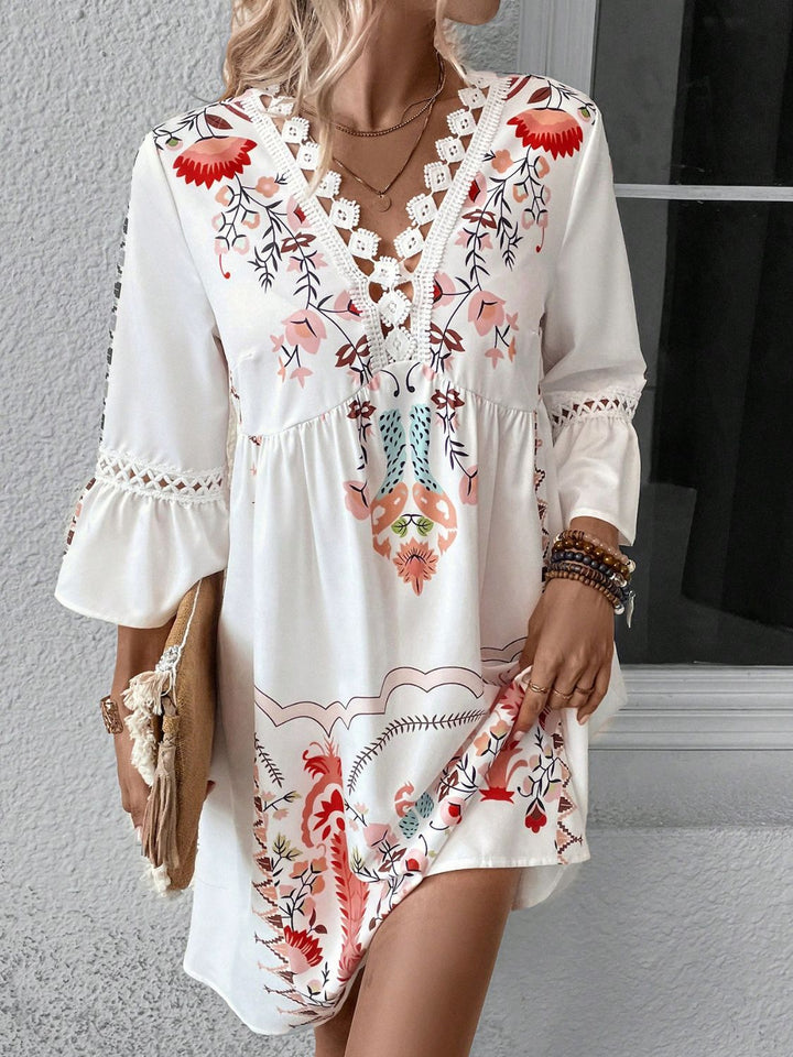 Lace Detail Printed Three-Quarter Sleeve Dress | Trendsi