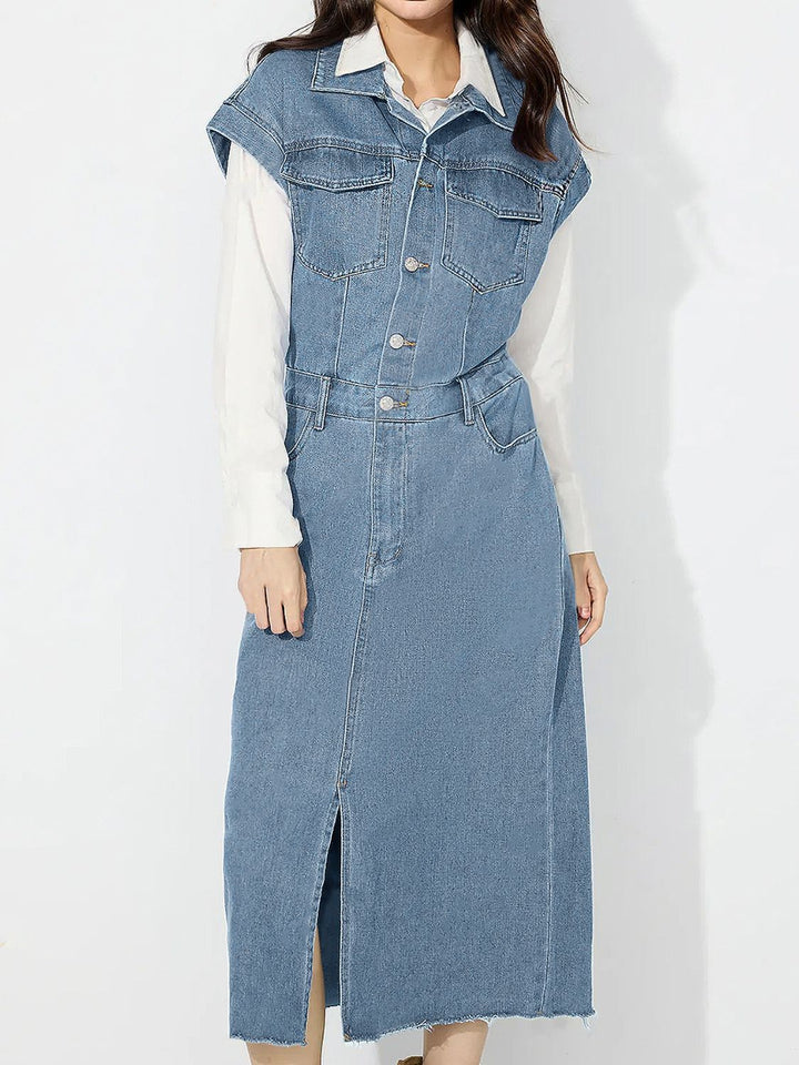 Slit Half Button Collared Neck Cap Sleeve Denim Dress | Trendsi