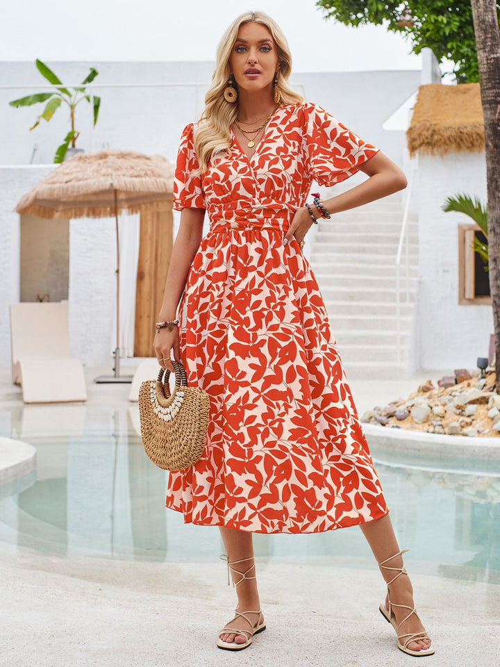 Printed Surplice Short Sleeve Midi Dress | Trendsi