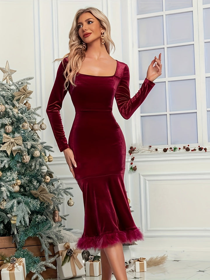 Plush Hem Square Neck Long Sleeve Dress | Trendsi