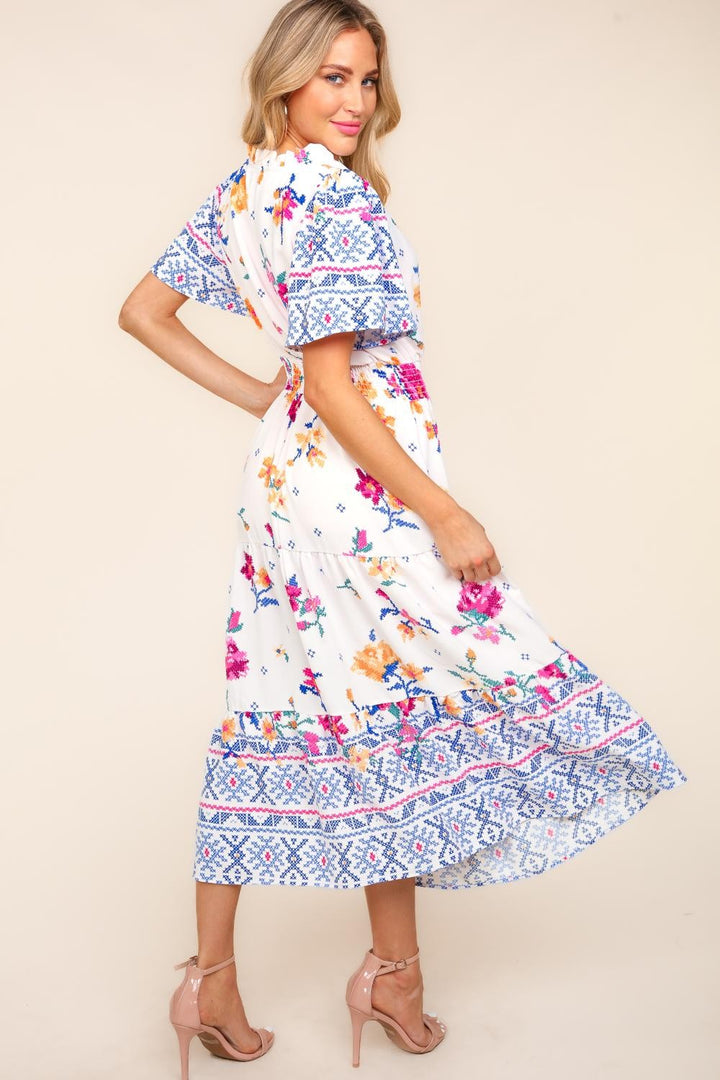 Haptics Printed Notched Short Sleeve Tiered Dress | Trendsi