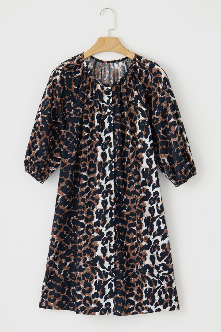 Leopard Button Up Half Sleeve Mini Dress | Trendsi