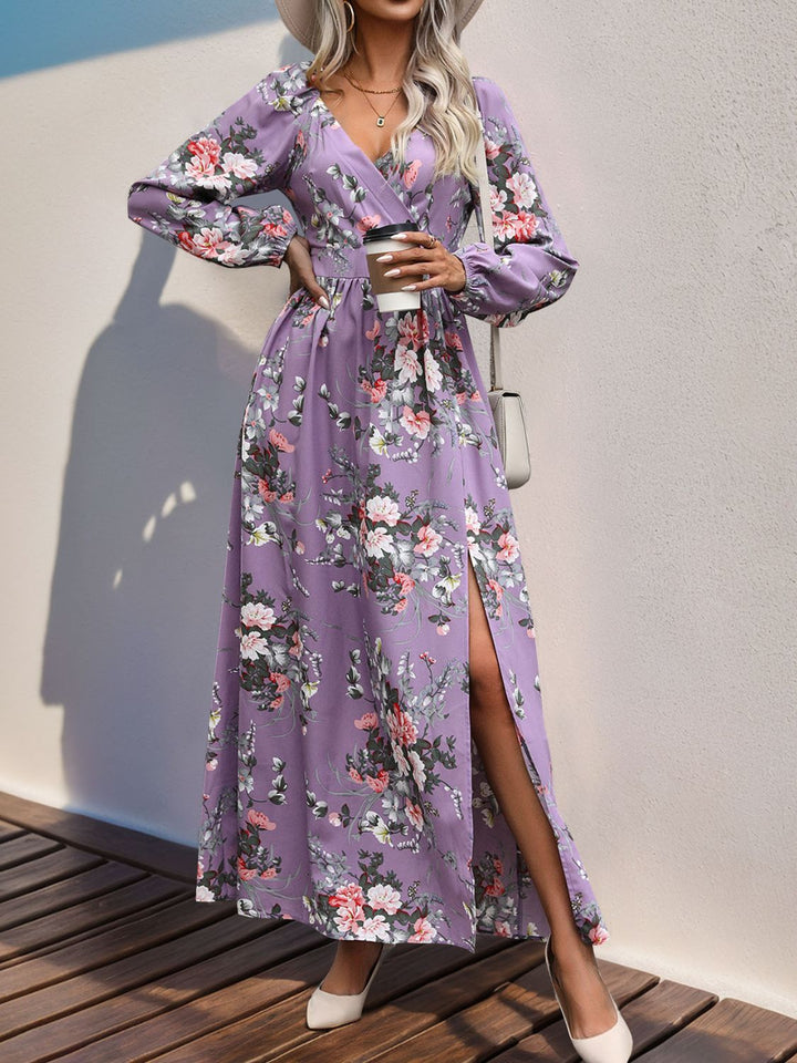 Slit Printed Surplice Long Sleeve Maxi Dress | Trendsi