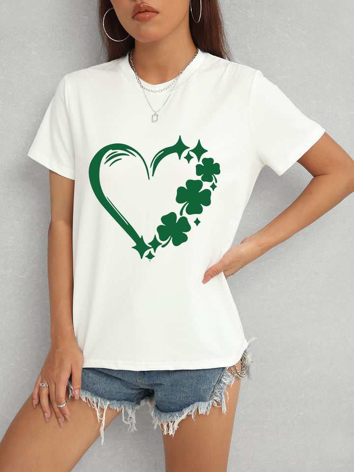 Heart Lucky Clover Round Neck Short Sleeve T-Shirt | Trendsi