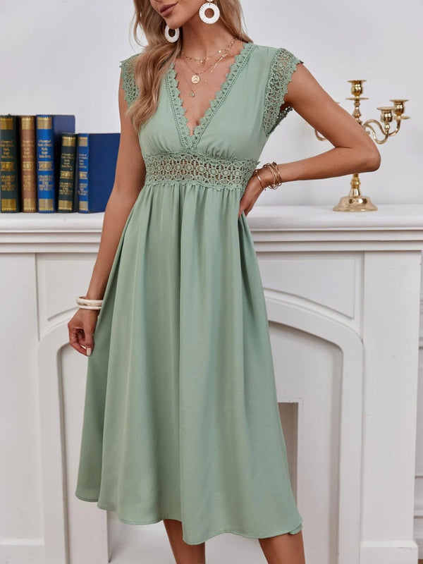Lace Detail V-Neck Cap Sleeve Dress | Trendsi
