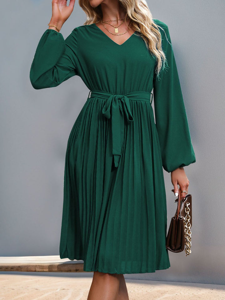 Lace V-Neck Long Sleeve Pleated Dress | Trendsi