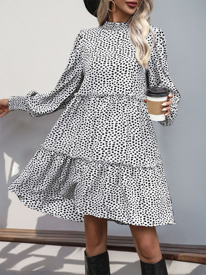 Frill Printed Mock Neck Long Sleeve Mini Dress | Trendsi