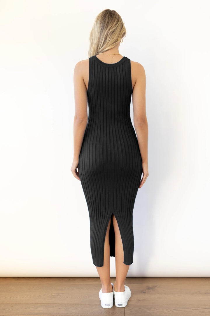 Slit Ribbed Round Neck Sleeveless Dress | Trendsi