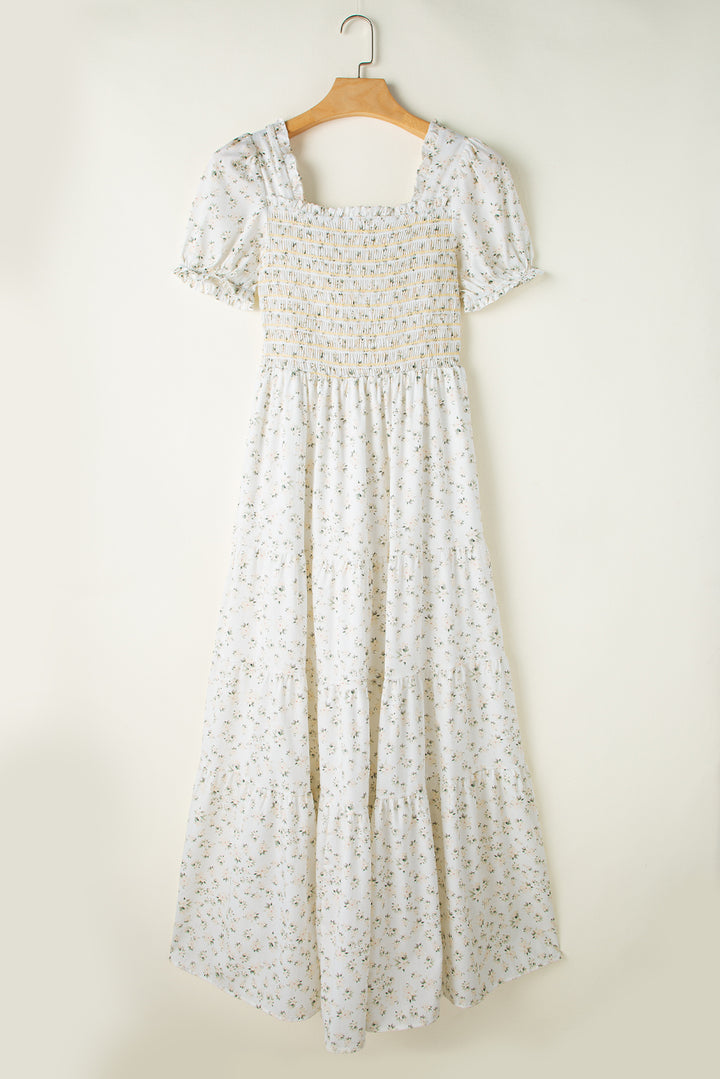 Smocked Printed Square Neck Short Sleeve Dress | Trendsi