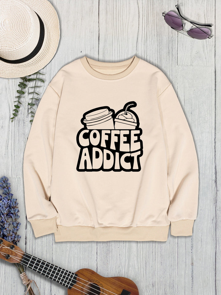 COFFEE ADDICT Round Neck Dropped Shoulder Sweatshirt | Trendsi