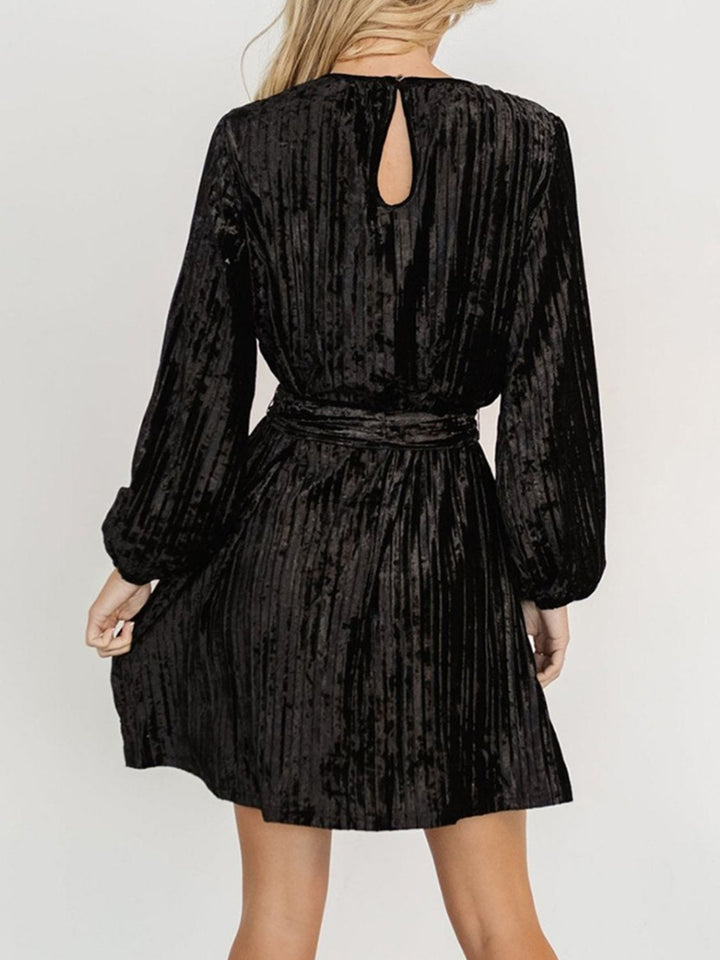 Velvet Round Neck Tie Waist Long Sleeve Mini Dress | Trendsi