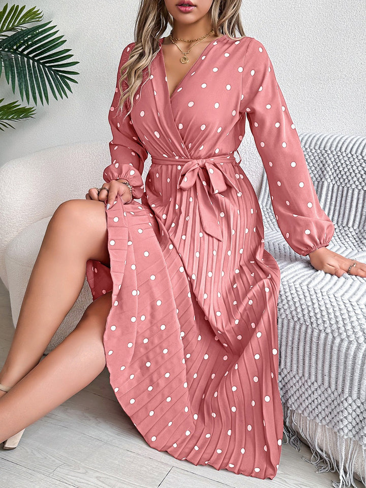 Tied Polka Dot Long Sleeve Midi Dress | Trendsi