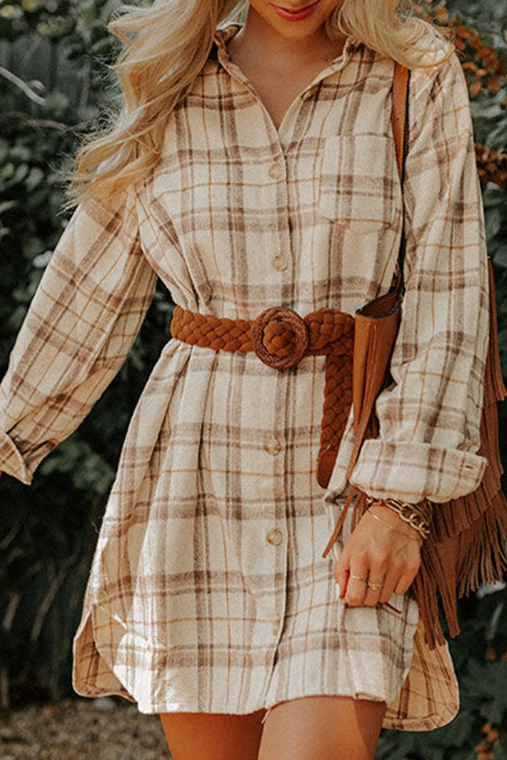 Plaid Collared Neck Long Sleeve Mini Shirt Dress | Trendsi