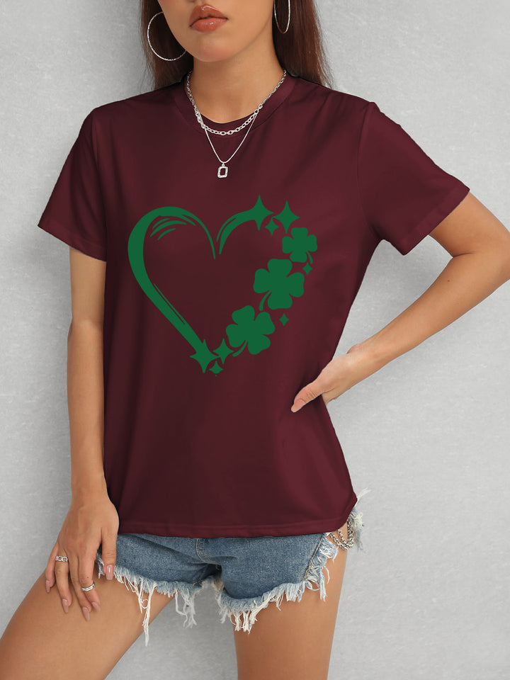 Heart Lucky Clover Round Neck Short Sleeve T-Shirt | Trendsi