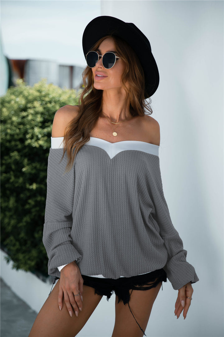 Off-Shoulder Waffle-Knit Dropped Shoulder Blouse | Trendsi