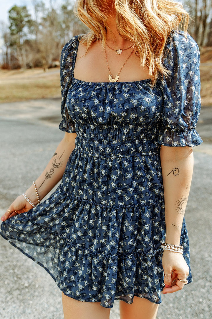 Printed Square Neck Short Sleeve Dress | Trendsi