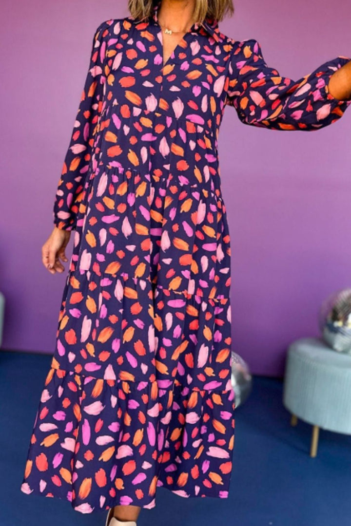 Printed Notched Long Sleeve Dress | Trendsi