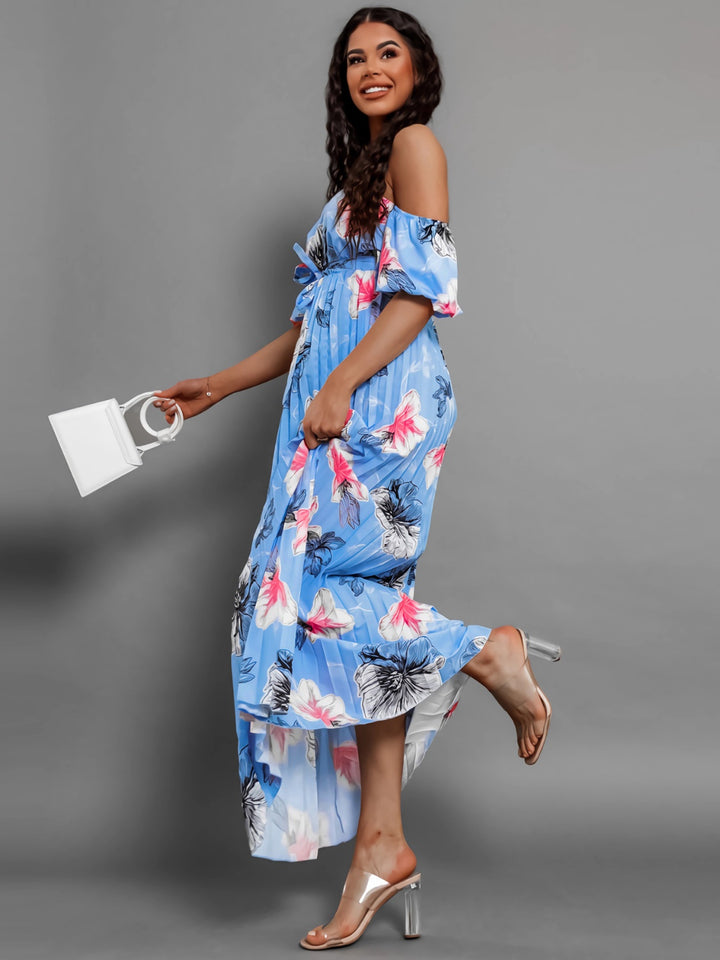 Pleated Floral Off-Shoulder Short Sleeve Midi Dress | Trendsi