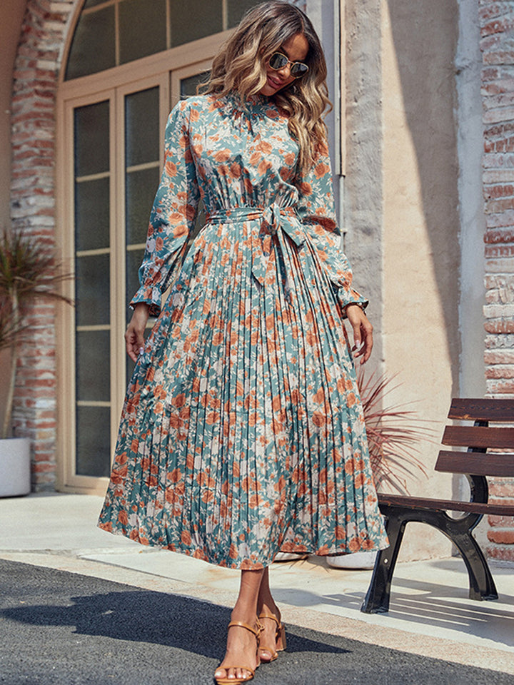 Perfee Tied Pleated Printed Mock Neck Long Sleeve Dress | Trendsi