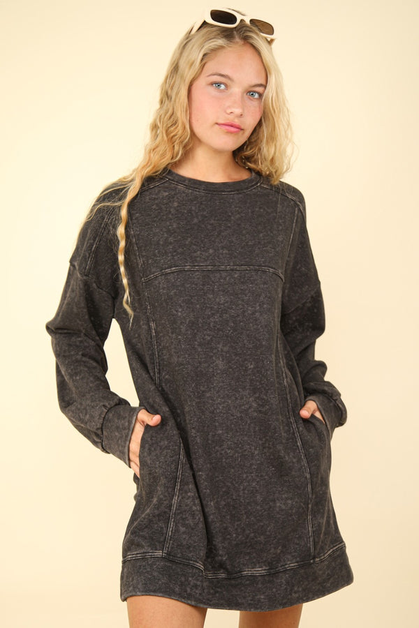 VERY J Mineral Washed Oversized Sweatshirt Mini Dress | Trendsi