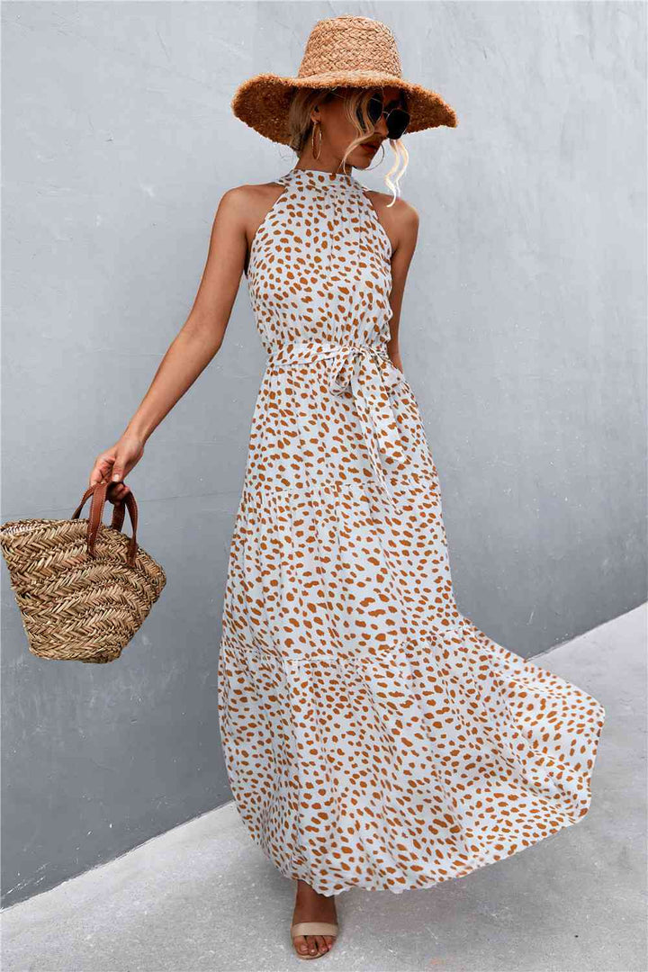 Printed Sleeveless Tie Waist Maxi Dress |1mrk.com