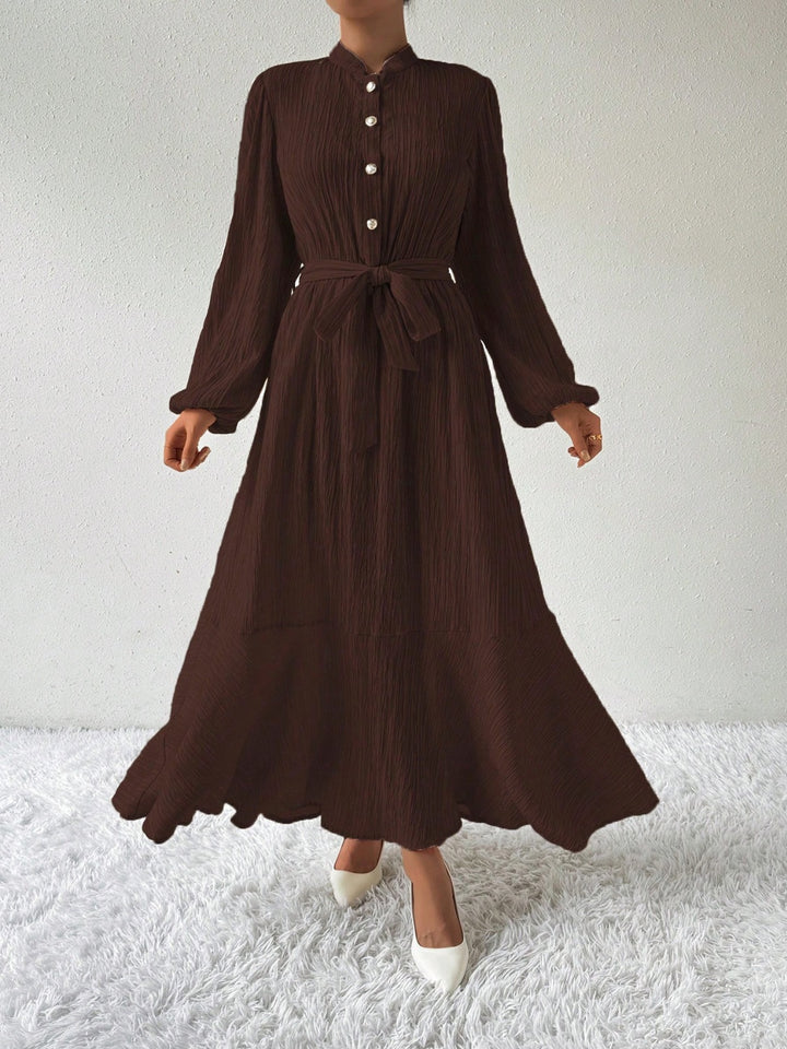 Half Button Tie Waist Long Sleeve Maxi Dress | Trendsi