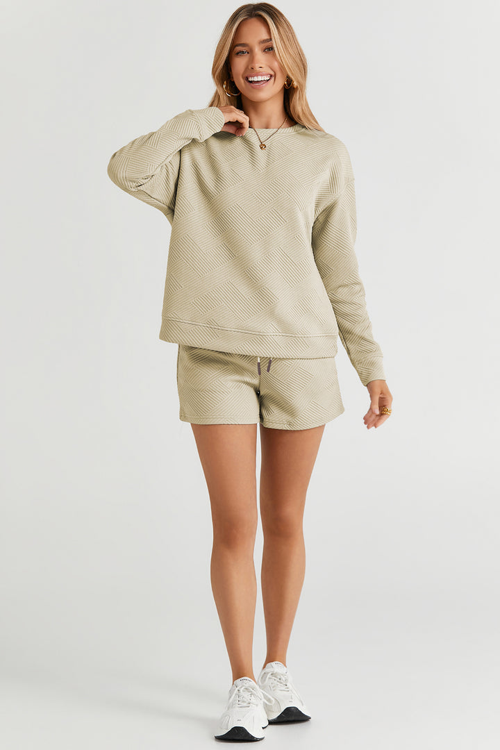 Double Take Full Size Texture Long Sleeve Top and Drawstring Shorts Set | Trendsi