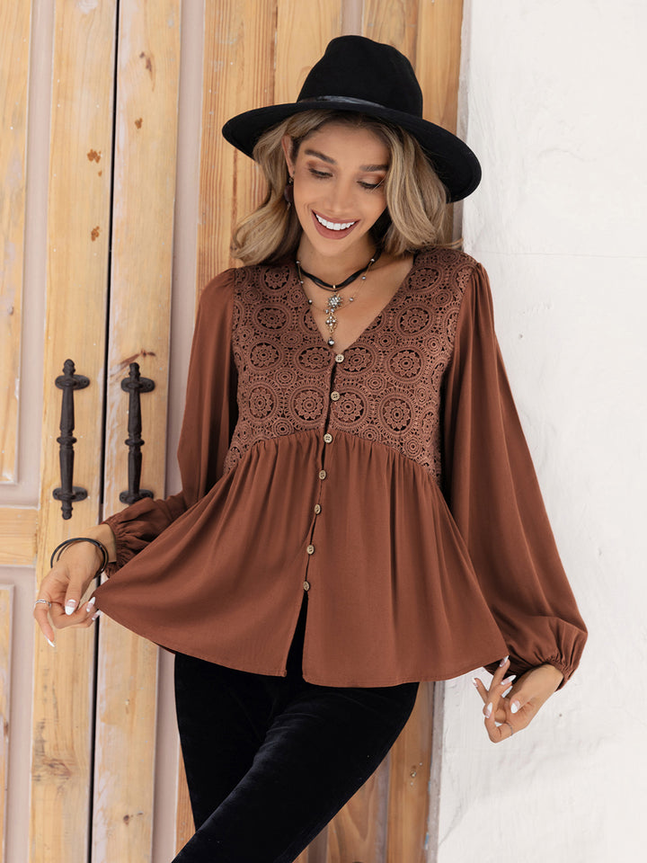 Printed V-Neck Long Sleeve Blouse | Trendsi