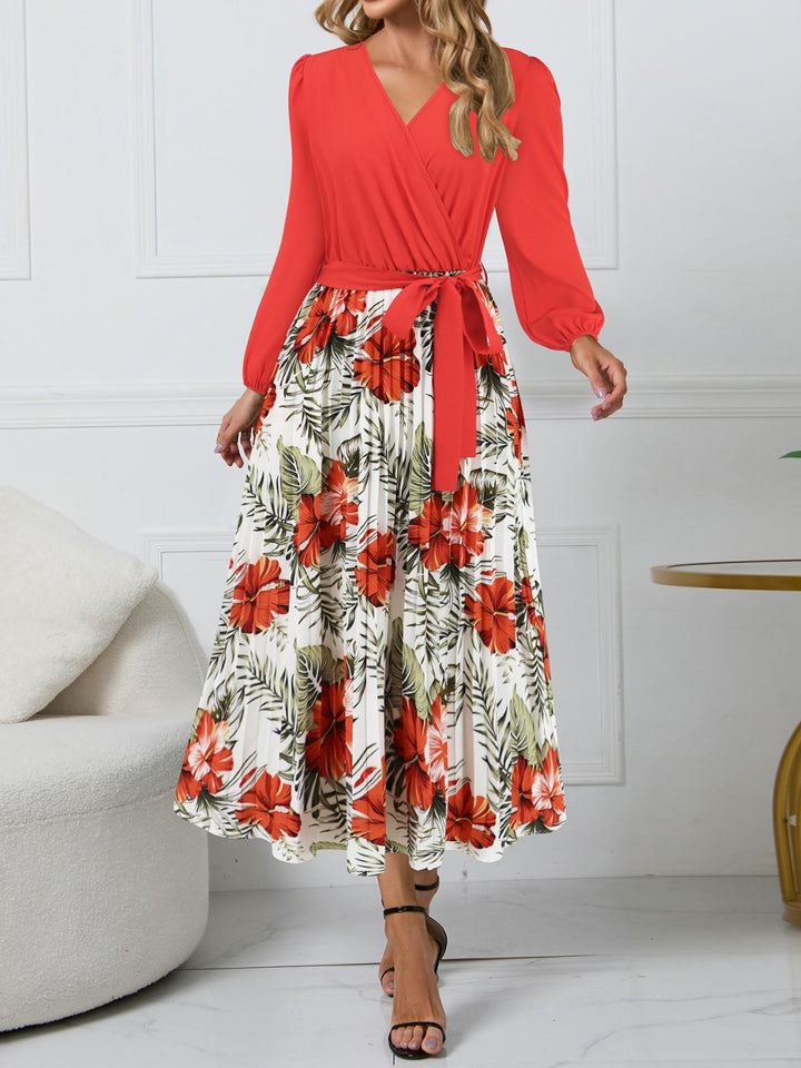 Pleated Printed Surplice Long Sleeve Dress | Trendsi