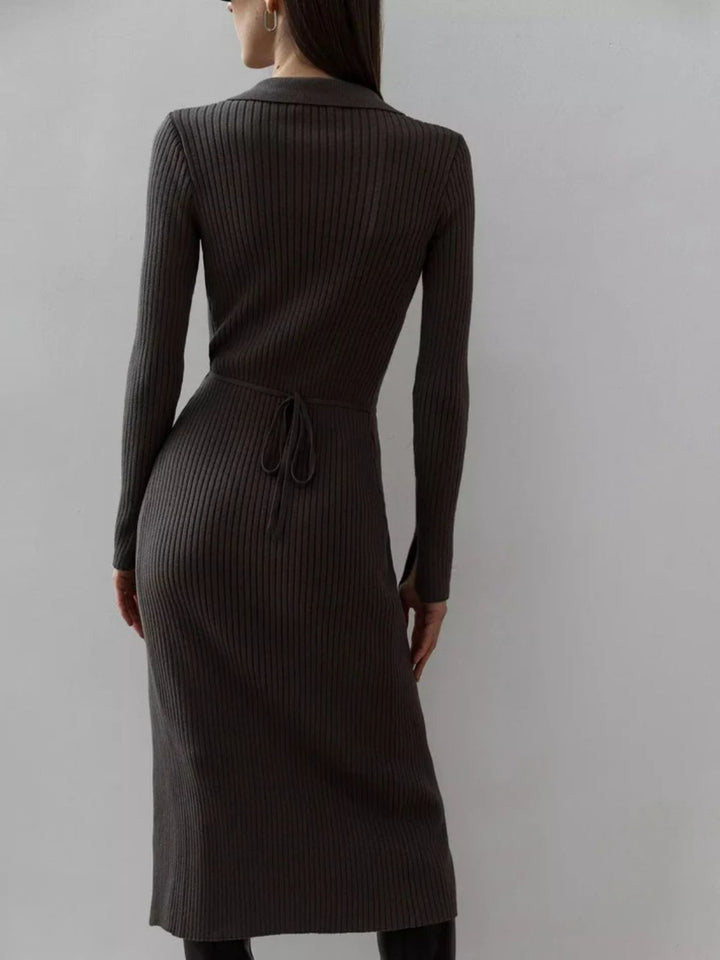 Tied Collared Neck Long Sleeve Sweater Dress | Trendsi