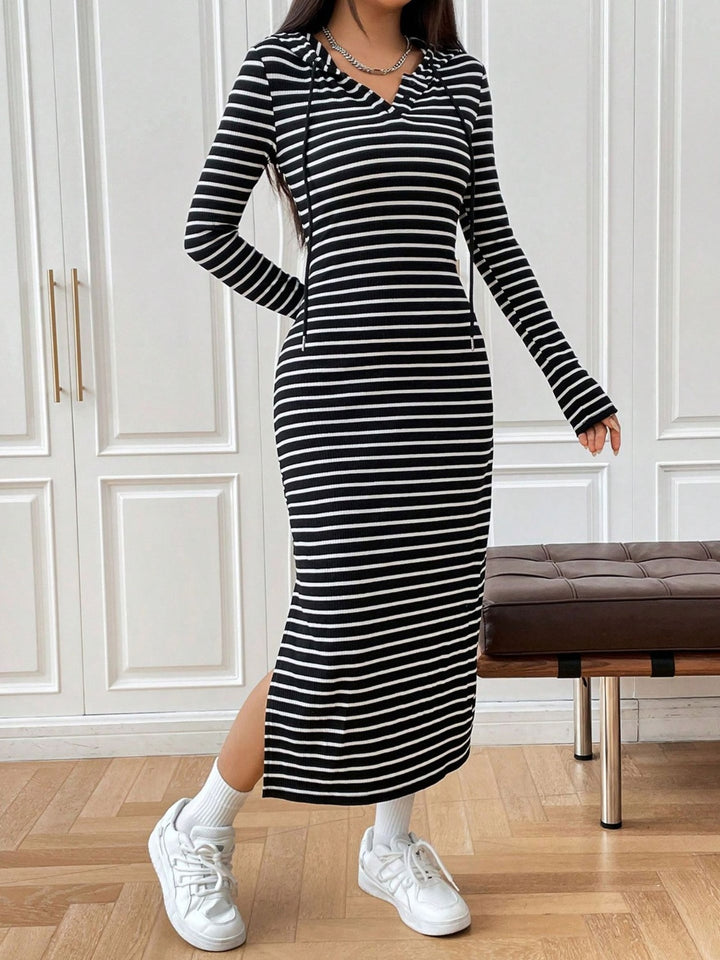 Drawstring Striped Long Sleeve Hooded Dress | Trendsi