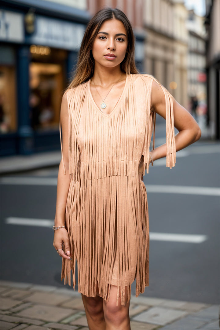 Full Size Fringe V-Neck Sleeveless Mini Dress | Trendsi