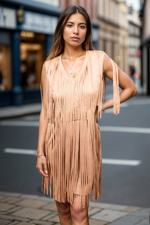 Full Size Fringe V-Neck Sleeveless Mini Dress | Trendsi