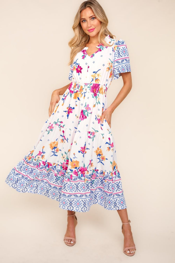 Haptics Printed Notched Short Sleeve Tiered Dress | Trendsi