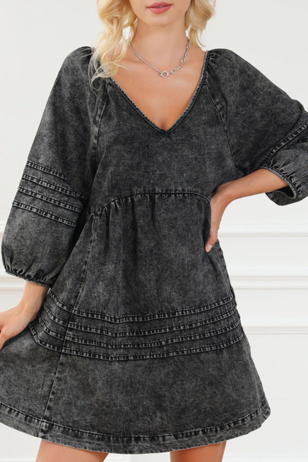 V-Neck Three Quarter Sleeve Denim Dress | Trendsi