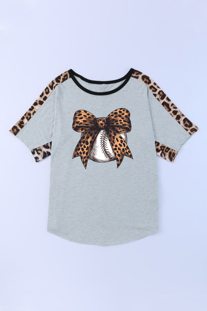 Leopard Bow Round Neck Half Sleeve T-Shirt | Trendsi